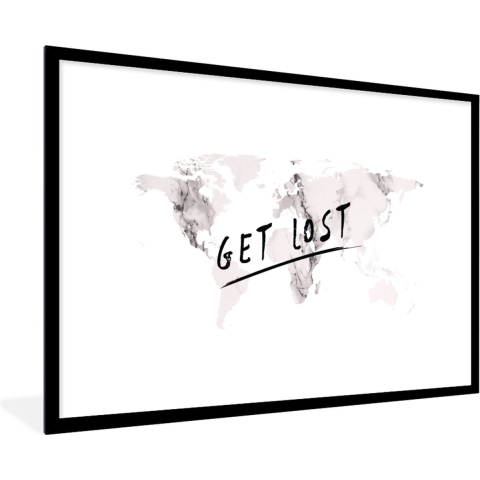 Fotolijst incl. Poster - Wereldkaart - Marmer - Quote - 120x80 cm - Posterlijst