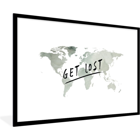 Fotolijst incl. Poster - Wereldkaart - Quote - Grijs - 120x80 cm - Posterlijst