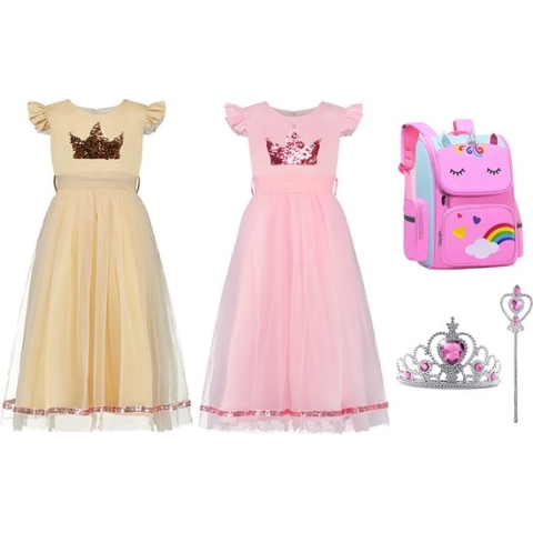 Kerstcadeau - Prinsessenjurk meisje - Elsa jurk - Schooltas Meisje - Eenhoorn Rugzak - Unicorn Rugtas - Verkleedkleding - Roze Jurk - maat 122/128(130) - Kroon - Toverstaf - Feestjurk - Communiejurk