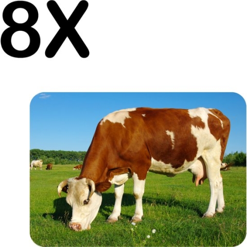 BWK Flexibele Placemat - Bruin met Witte Koe Grazend in het Gras - Set van 8 Placemats - 40x30 cm - PVC Doek - Afneembaar