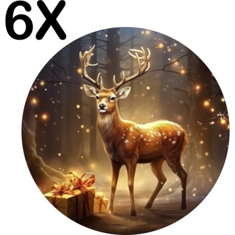 BWK Luxe Ronde Placemat - Kerst - Hert - Cadeau - Kado - Lichtjes - Bos - Set van 6 Placemats - 50x50 cm - 2 mm dik Vinyl - Anti Slip - Afneembaar