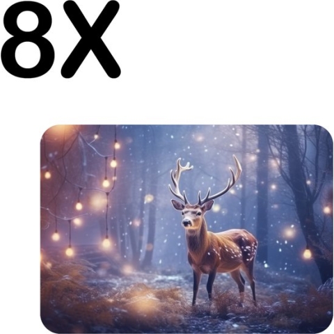 BWK Flexibele Placemat - Hert in het Bos met Kerst Lichtjes - Set van 8 Placemats - 40x30 cm - PVC Doek - Afneembaar