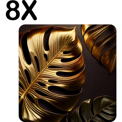 BWK Flexibele Placemat - Gouden Bladeren op Donkere Achtergrond - Set van 8 Placemats - 50x50 cm - PVC Doek - Afneembaar