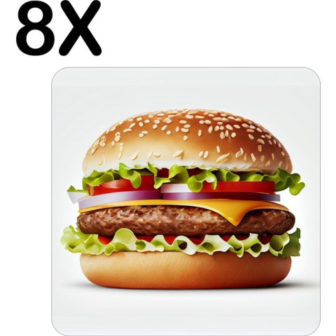 BWK Stevige Placemat - Perfecte Hamburger op Lichte Achtergrond - Set van 8 Placemats - 50x50 cm - 1 mm dik Polystyreen - Afneembaar
