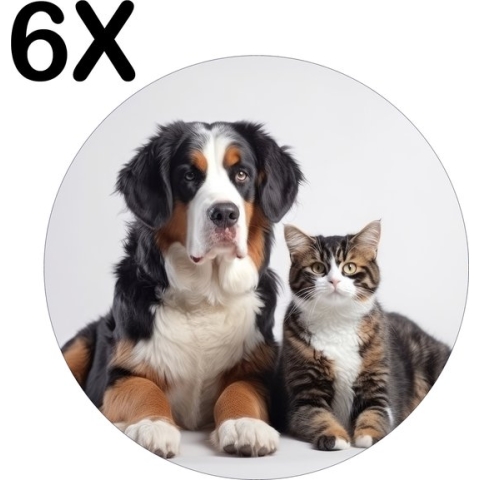 BWK Stevige Ronde Placemat - Hond en Kat met Witte Achtergrond - Set van 6 Placemats - 50x50 cm - 1 mm dik Polystyreen - Afneembaar