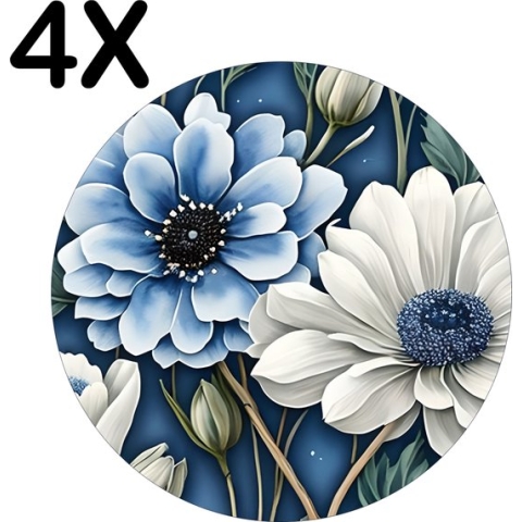 BWK Stevige Ronde Placemat - Kunstige Wit met Blauwe Bloemen - Set van 4 Placemats - 50x50 cm - 1 mm dik Polystyreen - Afneembaar
