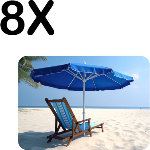 BWK Luxe Placemat - Blauwe Stoel met Parasol op Prachting Wit Strand - Set van 8 Placemats - 40x30 cm - 2 mm dik Vinyl - Anti Slip - Afneembaar