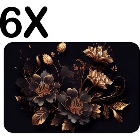 BWK Luxe Placemat - Goud met Zwarte Bloemen Kunst - Set van 6 Placemats - 45x30 cm - 2 mm dik Vinyl - Anti Slip - Afneembaar