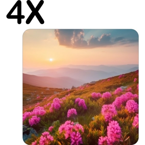 BWK Luxe Placemat - Roze Bloemen op een Berg bij Zonsondergang - Set van 4 Placemats - 50x50 cm - 2 mm dik Vinyl - Anti Slip - Afneembaar