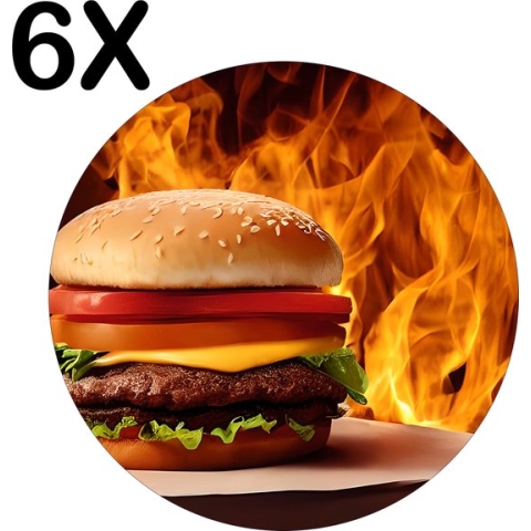 BWK Flexibele Ronde Placemat - Vlammende Hamburger - Set van 6 Placemats - 50x50 cm - PVC Doek - Afneembaar
