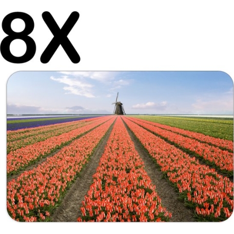 BWK Flexibele Placemat - Tulpenveld met Molen in de Verte - Set van 8 Placemats - 45x30 cm - PVC Doek - Afneembaar