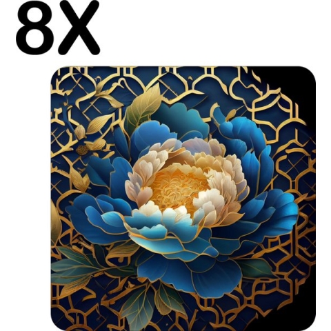 BWK Flexibele Placemat - Blauw met Gouden Bloem - Kunstig - Set van 8 Placemats - 50x50 cm - PVC Doek - Afneembaar