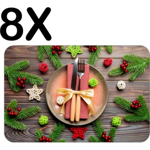 BWK Stevige Placemat - Kerst Diner Gedekte Tafel - Set van 8 Placemats - 45x30 cm - 1 mm dik Polystyreen - Afneembaar