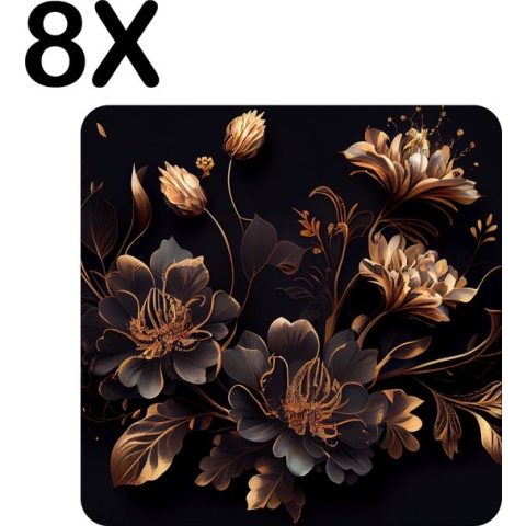 BWK Stevige Placemat - Goud met Zwarte Bloemen Kunst - Set van 8 Placemats - 40x40 cm - 1 mm dik Polystyreen - Afneembaar