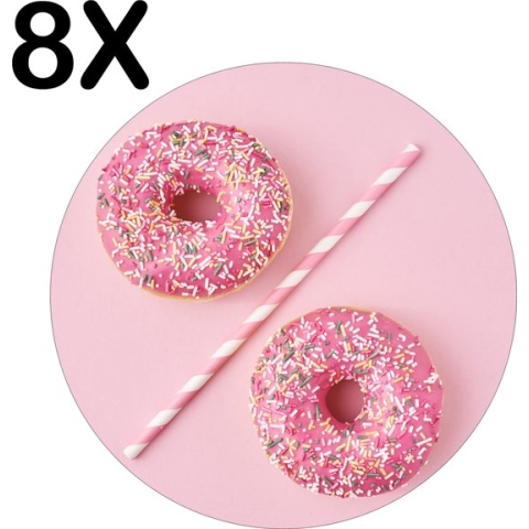 BWK Stevige Ronde Placemat - Roze Donuts met Rietje - Set van 8 Placemats - 50x50 cm - 1 mm dik Polystyreen - Afneembaar