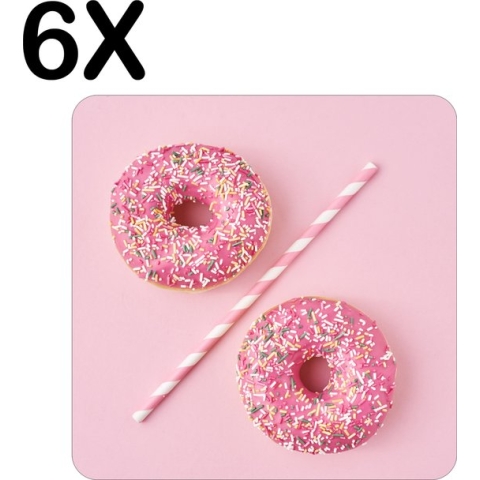 BWK Stevige Placemat - Roze Donuts met Rietje - Set van 6 Placemats - 40x40 cm - 1 mm dik Polystyreen - Afneembaar