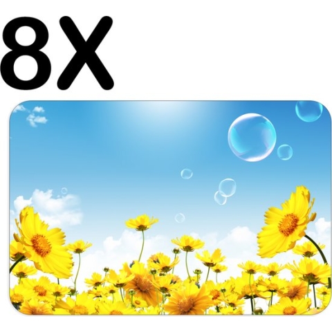 BWK Stevige Placemat - Gele Bloemen met Blauwe Lucht en Bellen - Set van 8 Placemats - 45x30 cm - 1 mm dik Polystyreen - Afneembaar