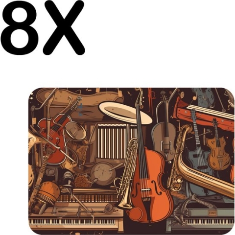 BWK Flexibele Placemat - Getekende Muziek Instrumenten - Set van 8 Placemats - 40x30 cm - PVC Doek - Afneembaar