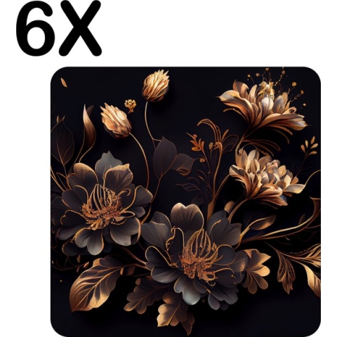 BWK Stevige Placemat - Goud met Zwarte Bloemen Kunst - Set van 6 Placemats - 40x40 cm - 1 mm dik Polystyreen - Afneembaar