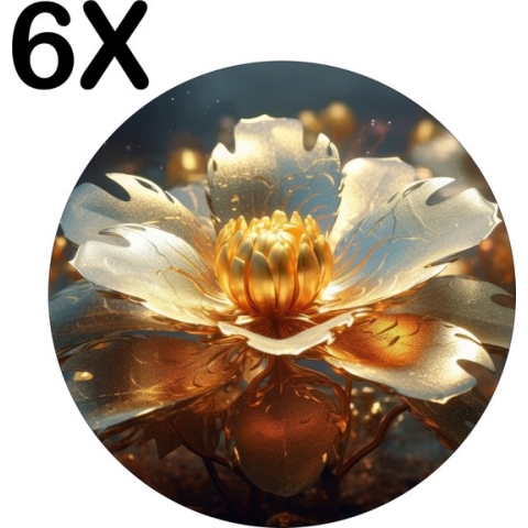 BWK Luxe Ronde Placemat - Goud met Witte Bloeiende Bloem - Set van 6 Placemats - 50x50 cm - 2 mm dik Vinyl - Anti Slip - Afneembaar