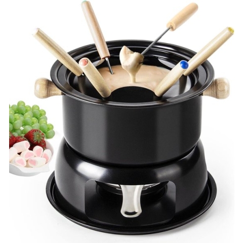 Fondueset Fondueset voor chocolade Fondueset van roestvrij staal Vleesfondueset Houten handvat Passend voor 6 vorken Geschikt voor bijeenkomsten (zwart)