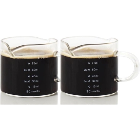 75 ml maatbeker glas, V-vormige schenktuit, espresso-borrelglazen met schaal, vloeibare en droge meting, melkkannetje voor melk, koffie, yoghurt, 2 stuks