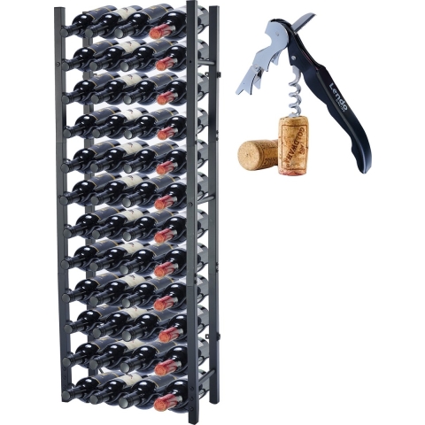 Lendo Online Wijnrek voor 48 flessen 45x20x120cm (LxBxH) Wijnkast - Wijnfleshouder - Wijnopslag met kurkentrekker Zwart Poedercoating Metaal Staal Flessenrek Industriële stijl