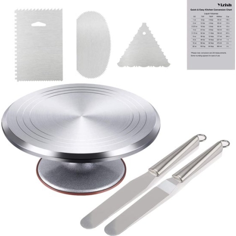 12 inch taartstandaard taartdraaitafel met roestvrijstalen ijsspatels (2 stuks) en poeder gladder (3 stuks) voor bakken, cake decoreren, gebak