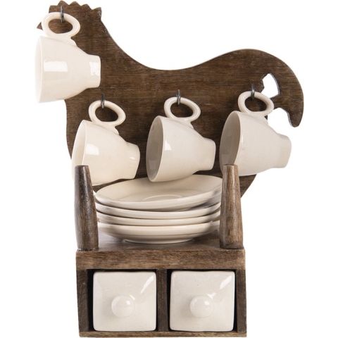 Clayre & Eef Kop en schotel Set van 4 22x15x31 cm Beige Bruin Keramiek Kip Servies