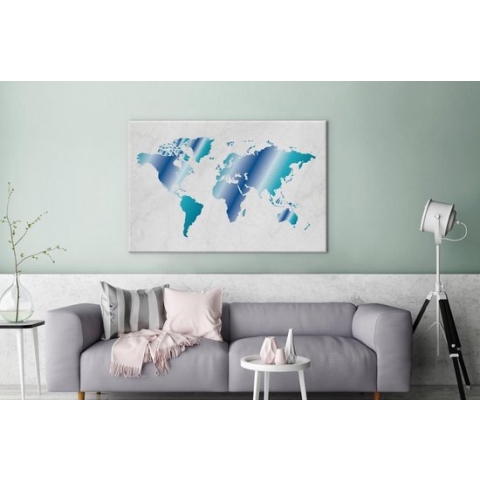 Canvas Wereldkaart - 180x120 - Wanddecoratie Wereldkaart - Blauw - Marmer