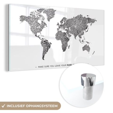 MuchoWow® Glasschilderij - Wereldkaart - Quote - Zwart - Wit - 160x80 cm - Acrylglas Schilderijen - Foto op Glas