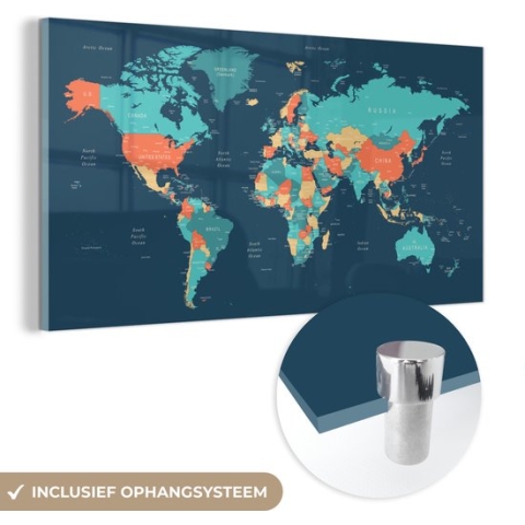 MuchoWow® Glasschilderij - Wereldkaart - Blauw - Staatkundig - 120x60 cm - Acrylglas Schilderijen - Foto op Glas