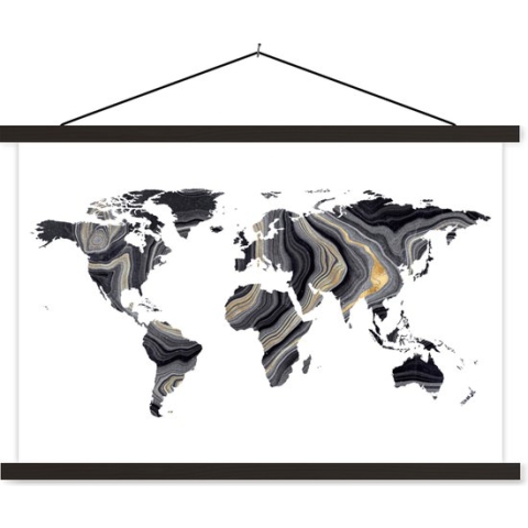 Posterhanger incl. Poster - Schoolplaat - Wereldkaart - Verf - Goud - 150x100 cm - Zwarte latten