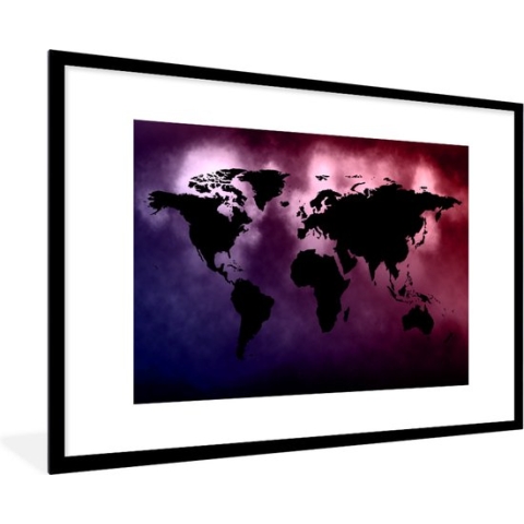 Fotolijst incl. Poster - Wereldkaart - Zwart - Roze - 90x60 cm - Posterlijst