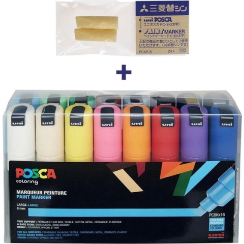 Posca PC-8K Marker set – 16 kleuren + 2 vervangbare tips