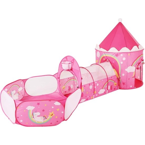 3-in-1 speeltent, pop-up, met tunnel, balbad, basketbalkorf, voor kinderen, voor binnen en buiten, met eenhoorn/princess-motief, cadeau-idee, voor verjaardagen, roze LPT701P01