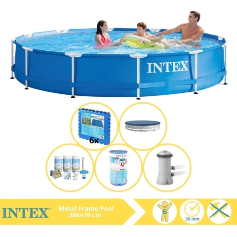 Intex Metal Frame Zwembad - Opzetzwembad - 366x76 cm - Inclusief Afdekzeil, Onderhoudspakket, Zwembadpomp, Filter en Zwembadtegels