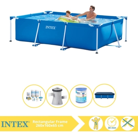 Intex Rectangular Frame Zwembad - Opzetzwembad - 260x160x65 cm - Inclusief Afdekzeil, Onderhoudspakket, Zwembadpomp en Filter