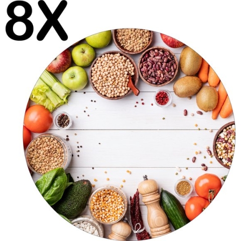 BWK Flexibele Ronde Placemat - Compositie van Groente en Fruit - Set van 8 Placemats - 40x40 cm - PVC Doek - Afneembaar