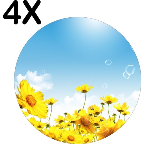 BWK Luxe Ronde Placemat - Gele Bloemen met Blauwe Lucht en Bellen - Set van 4 Placemats - 40x40 cm - 2 mm dik Vinyl - Anti Slip - Afneembaar