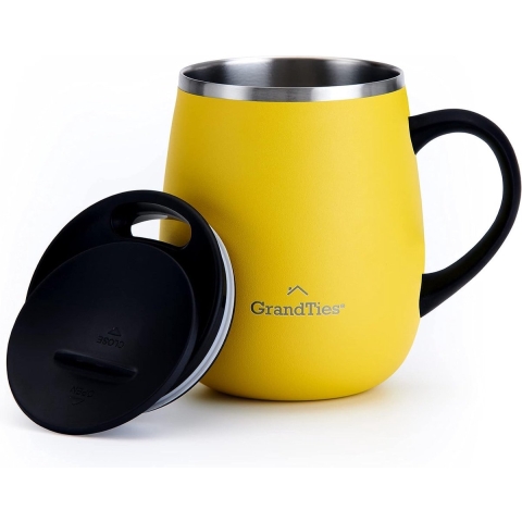 Thermische koffiemok met handvat - schuifdeksel voor spatbescherming 460 ml citroen