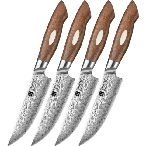 Xinzuo Steakmessenset van 67 laags AUS10 Damascus staa - Set van 4 steakmessen - Uniek damascus patroon - incl. giftbox / bewaardoos - Handvat van Walnoothout - Xinzuo B46W Series