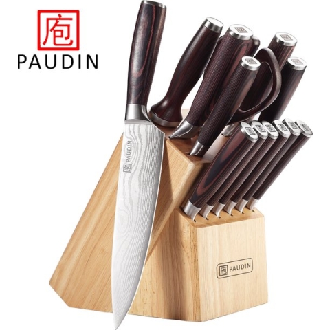 PAUDIN NT1 Professionele 14-delige Messenblokset - Messenset met o.a. Koksmes, Broodmes en Vleesmes - Premium Messenblok Inclusief Schaar, Aanzetstaal en 6 Steakmessen - Esthetisch Damascus Patroon