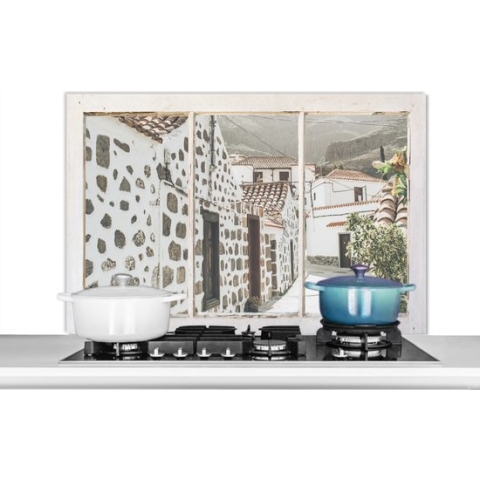 Spatscherm Keuken - Kookplaat Achterwand - Spatwand Fornuis - 100x65 cm - Doorkijk - Architectuur - Zomer - Aluminium - Wanddecoratie - Muurbeschermer - Hittebestendig