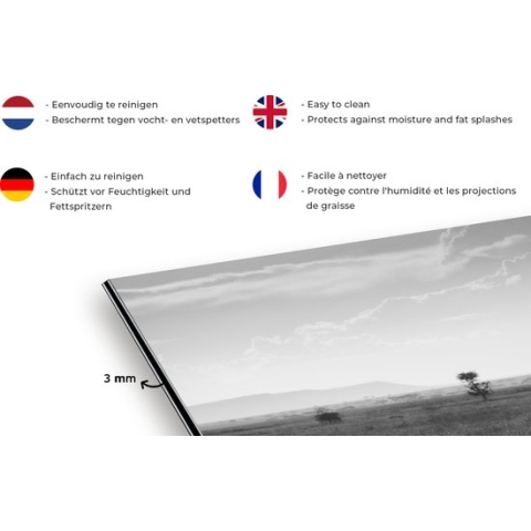 Spatscherm Keuken - Kookplaat Achterwand - Spatwand Fornuis - 120x80 cm - Silhouet van een olifant in de Serengeti in zwart-wit - Aluminium - Wanddecoratie - Muurbeschermer - Hittebestendig