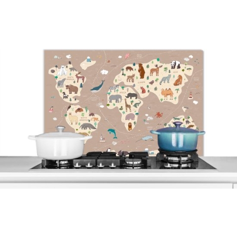 Spatscherm Keuken - Kookplaat Achterwand - Spatwand Fornuis - 90x60 cm - Wereldkaart kinderen - Dieren - Bruin - Jongens - Meisjes - Aluminium - Wanddecoratie - Muurbeschermer - Hittebestendig