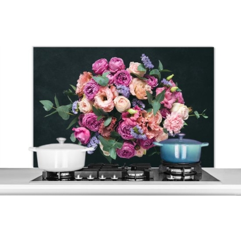 Spatscherm Keuken - Kookplaat Achterwand - Spatwand Fornuis - 100x65 cm - Bloemen - Pastel - Roze - Aluminium - Wanddecoratie - Muurbeschermer - Hittebestendig