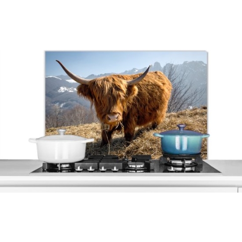 Spatscherm Keuken - Kookplaat Achterwand - Spatwand Fornuis - 90x60 cm - Schotse Hooglander - Berg - Sneeuw - Aluminium - Wanddecoratie - Muurbeschermer - Hittebestendig