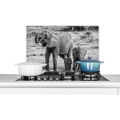 Spatscherm Keuken - Kookplaat Achterwand - Spatwand Fornuis - 70x50 cm - Familie olifanten aan het water in zwart-wit - Aluminium - Wanddecoratie - Muurbeschermer - Hittebestendig