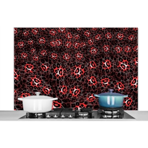 Spatscherm Keuken - Kookplaat Achterwand - Spatwand Fornuis - 120x80 cm - Luipaard - Design - Rood - Aluminium - Wanddecoratie - Muurbeschermer - Hittebestendig